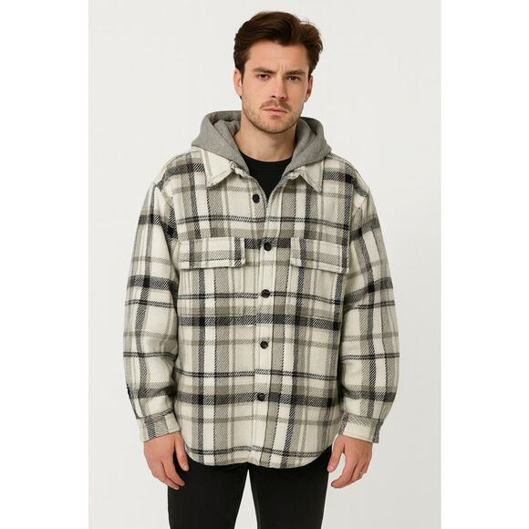 Zara Other - Zara Men's Plaid Shacket Button Up Hooded Shirt Jacket Cream Gray Black size L
